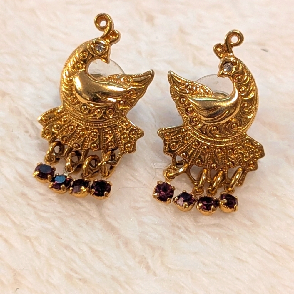 Vintage AVON 90's Peacock Goldtone Earrings with Purple Crystal Dangles